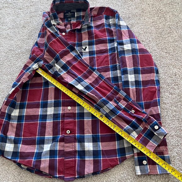 American Eagle Embroidered Red White Blue Plaid Preppy Button-down Long Sleeve M - Picture 5 of 6